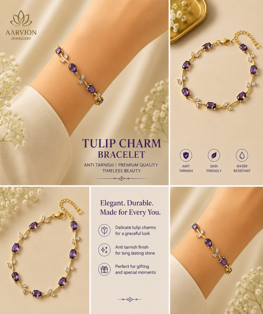 purple Tulip Charm Bracelet in Gold with Purple Crystal Stones – Elegant Women's Bracelet